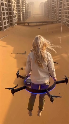 Светлана Васичкина on Instagram: "The video shows me using a new flying technology that lifts me into the air. After activating the device, I rise above the ground and begin moving forward through the air. From this height, the view of the city becomes clear. Streets, rooftops, and open areas are covered in thick layers of sand after a sandstorm. As I continue flying over the city, the scale of the sand covering the urban landscape is fully visible from above. this text and video are completely