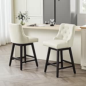 26" Counter Height Bar Stools Set of 2, 360° Swivel Bar Stools with Backs and Solid Wood Legs, Morden Linen Fabric Upholstered Barstools for Kitchen Island, Beige
