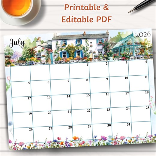 July Editable Cottagecore Calendar, PDF Editable, Spring Summer Printable Planner, 2026 Digital Calendar, Instant Download - Etsy UK