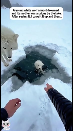 A young white wolf almost drowned, and its mother was anxious by the lake.after seeing it,l caught it up and then…#rescue #animals #wolf #artificialintelligence #love
