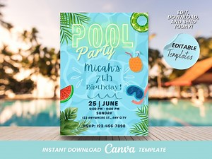 Editable Pool Party Invitation: Kids Summer Birthday, Swim Party (digital Download) - Etsy