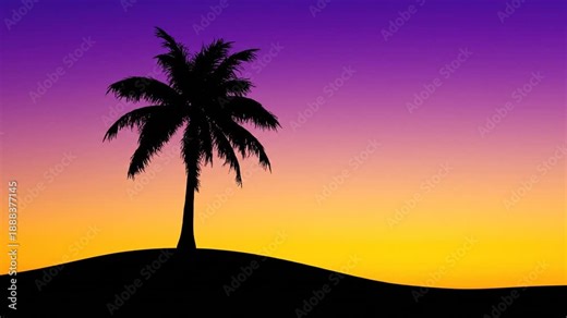 The video features a static shot of a lone palm tree silhouetted against a dramatic sunset sky, blending vibrant purple, orange, and yellow hues. The scene remains consistent for the first eight seco