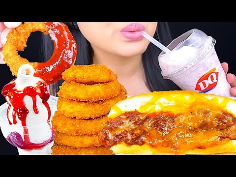 ASMR CHILI CHEESE HOT DOG, ONION RINGS, STRAWBERRY SUNDAE, MILKSHAKE DAIRY QUEEN MUKBANG | ASMR Phan