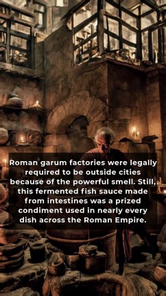 In the Roman Empire a unique sauce called garum flavored countless dishes. Prepared by layering fish intestines with salt in large vats, it was left to ferment under the sun. The process yielded a thin amber liquid with a pungent aroma, so much so that factories had to be outside city boundaries. Valued across the empire, regional variations added herbs and spices to create unique tastes. Even Pliny the Elder praised the finest garum as a luxurious item, integral to both Roman cuisine and commer
