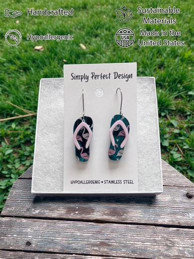 Flamingo Flip Flop Dangle Earrings, Teal Tropical Beach Jewelry, Hypoallergenic Stainless Steel - Etsy
