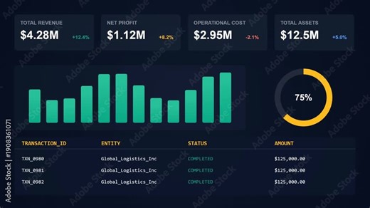 Digital business dashboard visualizing key financial performance indicators like revenue, profit, costs, and assets, providing data analysis and strategic insights