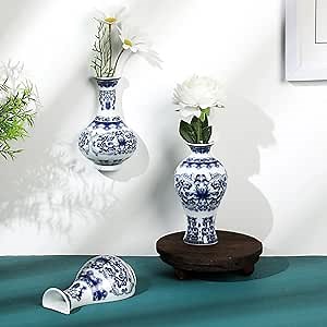 Set of 3 Small Blue and White Chinoiserie Vases Wall Mounted Decorative Ceramic Flower Vases 5.3 Inch 5.7 Inch Classic Vase for Home Decor