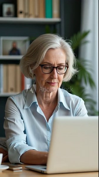Mature adult 60s aged woman working at laptop watching video conference webinar training, virtual meeting. Business lady e learning online computer classes, typing, seniors and rem.