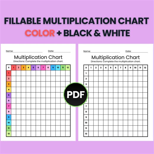 Fillable Multiplication Chart Color & Black and White - Etsy