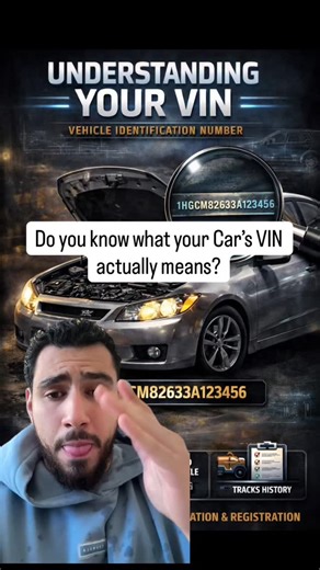 Adam Rida on Instagram: "Most people own a car… but have no idea what their VIN means 🤦‍♂️ Here’s the real breakdown 👇 Save this for later Digits 1–3: WMI Where the car was built + which manufacturer made it. Digits 4–8: VDS Engine size, model, body style, the details that matter. Digit 9: Check Digit Used to catch fraud and invalid VINs. Digit 10: Model Year One letter tells you the exact production year. Digit 11: Plant Code The exact factory your car was built in. Digits 12–17: VIS Your car