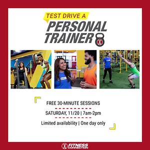 There is no better time to test drive a personal trainer for FREE! Sign up today and schedule a 30-minute, no-pressure session with us, where we'll talk about reaching your goals faster, staying accountable and overall crushing your workouts. There are limited spaces available, so schedule your FREE session now for this Saturday 11/20. https://fitnessconnection.com/pt-test-drive/ | Fitness Connection | Facebook