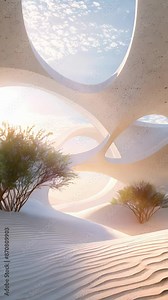 A desert landscape with sand dunes molded into sculpted arcs representing the harmonious relationship between geometric shapes and natures forces.