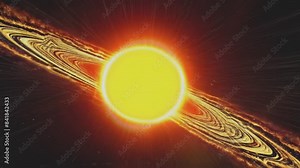 Star of our solar system 3D animation. Camera orbits, revealing nebula gases erupting from the Sun's surface. Solar flares and coronal mass ejections unleash a torrent of searing hot gases into space.