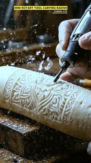Mini Rotary Tool Carving Radish – Precision Food Engraving Macro Close-Up