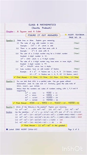 square and cube 📚 Class 8 Maths Figure It Out ✍️ Latest NCERT 2026–27 Handwritten Notes