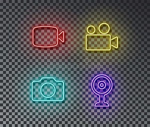Neon Camera Signs Vector Isolated on Brick Wall. Video, Photo, Web Camera Light Symbol, Decoration E Stock Vector - Illustration of night, city: 157220007
