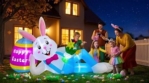 AerWo 8 FT Easter Inflatables Outdoor Decorations, Lounging Inflatable Easter Bunny Decorations with Egg, Easter Blow Up Yard Decorations Built-in LED Lights for Yard Lawn Garden Outdoor Decorations
