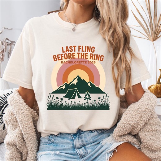 Camp Bachelorette,last Fling Before the Ring, Bachelorette 2026, Mountain Sunset Camping Tee, Bride Squad Weekend Shirt, Comfort Colors 1717 - Etsy