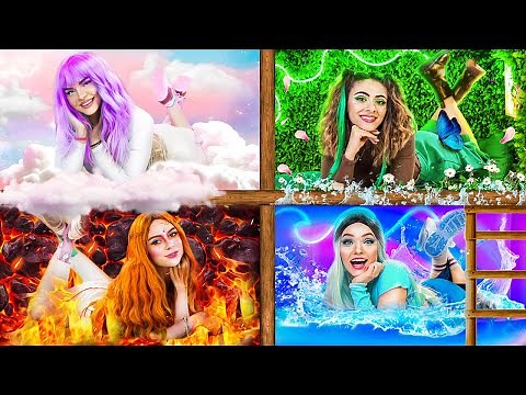 Four Elements Build a Bunk Bed! Fire Girl, Water Girl, Air Girl and Earth Girl