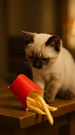 😱 😱Cat Pushes fries Off the Table | Scary Funny Cat Shorts