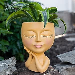 Head Planter - Whimsical Face Planter Pot with Drainage Hole, Plug, and Custom-Sized Plastic Liner for Easy Planting - Durably Crafted of Solid Resin for Both Indoors & Outdoors, Beige