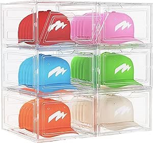Lifewit 6 Pack Hat Organizer for Baseball Caps, Plastic Hat Storage Box Rack Clear Hat Display Containers Upgrade Harder Solid Transparent Stackable Hat Holder, Easy to Assemble Hat Boxes