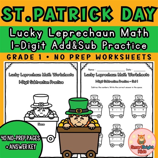 St. Patrick's Day Math Worksheets Grade 1 | 1-digit Addition, Subtraction (digital Download) - Etsy