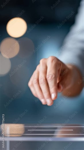 A close-up of a person's hand inserting a ballot paper into a transparent ballot box. The image symbolizes democratic participation, elections, civic responsibility, and the right to vote