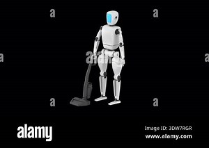 Stylized loopable animation features a humanoid robot with smooth, organic shapes performing household chores, such as using a vacuum cleaner, 3d render Stock Video Footage - Alamy