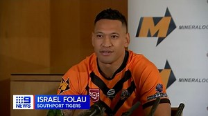 Two of Australia's most polarising figures are teaming up, with Israel Folau making a return to rugby league with the backing of Clive Palmer. Folau has confronted questions over his new rugby league club's vulgar and homophobic team song: http://9Soci.al/x7gB30rIpgV #9News | Nightly at 6.00pm | 9 News