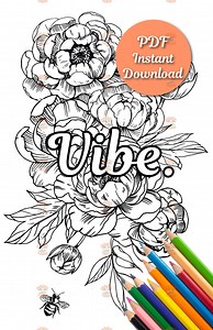 Peony and Bumblebee Coloring Page – Printable Floral Line Art for Adults – Hand-drawn Botanical Illustration - Etsy