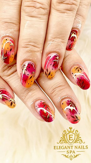  Fall in Love with Your Nails!  Bright, bold, and hand-painted to perfection — this fiery red-orange blend with golden leaf accents is giving all the autumn vibes. ✨ At ElegantNails, we bring color, creativity, and care to every set.  Visit us and let your nails shine with the season’s hottest designs! | Elegant Nails & Spa - Three Notch Road | Facebook
