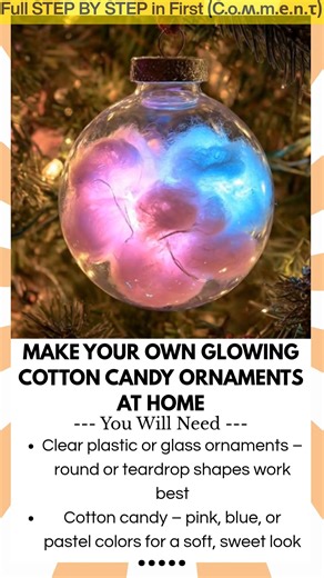 4.9K views · 27 reactions | Make Your Own Glowing Cotton Candy Ornaments at Home Looking for a dreamy holiday craft that lights up your decorations? These DIY Glowing Cotton Candy Ornaments are whimsical, colorful, and magically bright. With a few simple materials, you can create glowing, candy-inspired ornaments that look like they came straight from a winter carnival. | Kira Recipes | Facebook