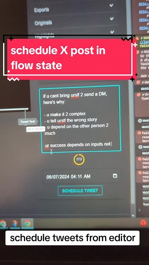 and this is how I schedule my tweets from my video editor I often get inspired when editing videos so scheduling tweets/posts to X without leaving my editor keeps me in my flow state.