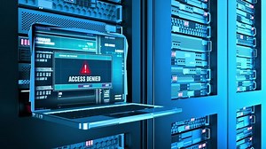 Access Denied Warning Error Alert Text on Computer Screen Entering Login And Password on server racks data center room Internet. concept of Protection security system, server blocking. 3D Illustration