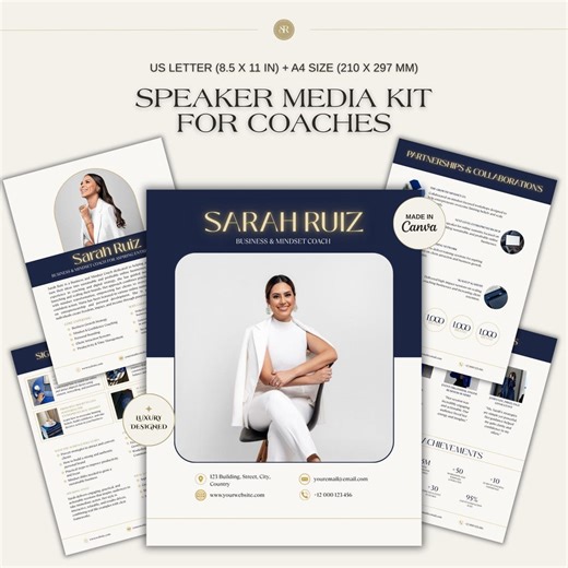 Speaker Media Kit Template for Professional Coaches, Navy Blue White Minimalist Canva Press Kit - Etsy