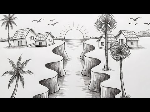 Easy Village Scenery Drawing With Pencil | Step by Step Landscape Art for Beginners
