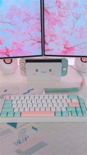 My first keyboard build is complete!!! ✨🤍✨ . Keyboard: meletrix zoom65 ( meletrix2022 & cannon keys ) . Switches: Cherry Blossom [Linear] ( cannon keys ) . Keycaps: Nice PBT Noel ( agilr1 ) . Deskmat: Kandy Land ( thedeskmatfoundry ) . Coiled Cable: Mint Magical Girl ( cookiecables ) . . . . . . . . . . . [Tags] #pc #pcgaming #keyboard #keycaps #kawaii #deskmat #setup #gamingsetup #setupinspiration #kawaiiaesthetic #pastel #pastelaesthetic #aesthetic #pinkandblue #gamergirl #gamergirlsetup #kaw