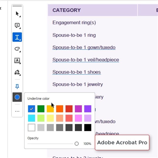 Underlining Text in PDF Using Adobe Acrobat Pro