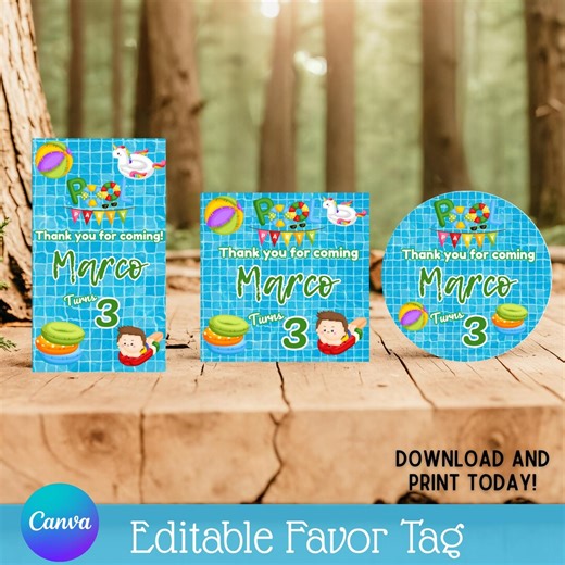 Pool Party Favor Tags, Editable Canva Birthday Gift Tag Bundle, Summer Splash Thank You Label, Swim Party Decor, Boy Kids Pool Birthday - Etsy