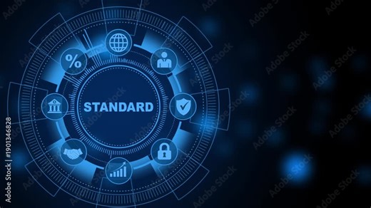 ISO standards quality control assurance warranty business technology concept. ISO standardization certification industry service concept. Internet and social media icons 4K animation background.