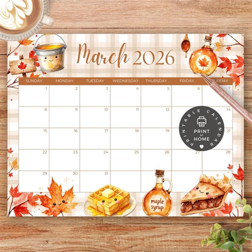 PRINTABLE Monthly Calendar, March 2026 PDF Instant Download, Sugar Shack, Maple Syrup, Spring Cabin, Kid School Schedule, Classroom Calendar - Etsy Australia