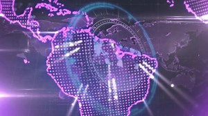 Animation of digital globe with glowing continents and data processing on world map. Globalization, technology, connectivity, futuristic, network, innovation