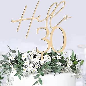 Hello 30 Cake Topper - Wooden 30th Birthday Cake Decorations, Happy 30th Birthday Cake Topper for women or men - 30 Wedding Anniversary Party Cake Decor, Photo Booth Props