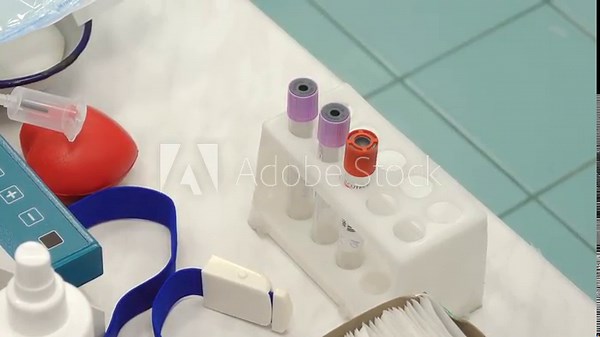 Blood donation setup with test tubes, medical equipment, and a blood pressure cuff on a white surface in a clinical environment
