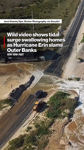 11K views · 67 reactions | Dramatic aerial footage shows storm surge flooding homes and a motel in North Carolina’s Outer Banks on Aug. 19 as Hurricane Erin battered the coast. Officials ordered evacuations in Dare County, warning of life-threatening winds and rising waters. | New York Post Video | Facebook