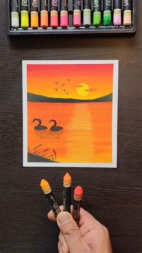 🎨 Easy Sunset Painting | Oil Pastel Art #artshorts #easytutorial #acrylicpainting #oilpasteldrawing