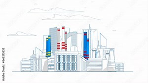 Industrial Factory Architecture Design Sketch. Multiple buildings with intricate details and various structural elements 2D Illustration