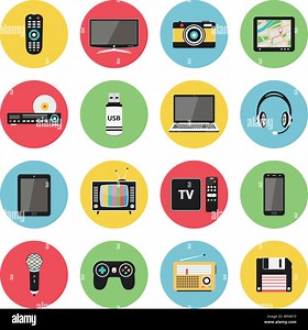Flat icons set of multimedia and technology devices, audio and video items and objects. Vector illustration Stock Vector Image & Art - Alamy