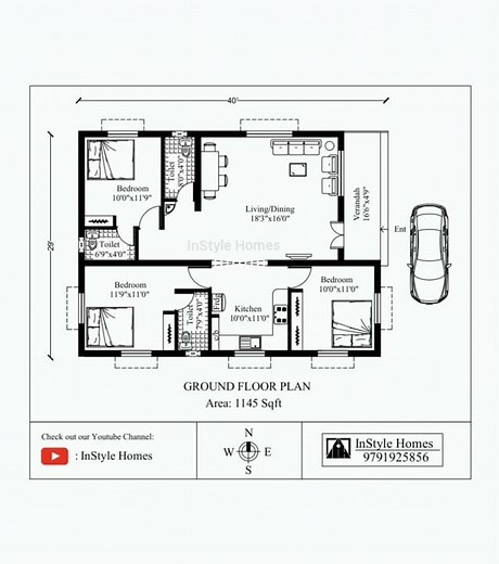 3 bedroom house design / building floor plan / low budget building design / south facing building